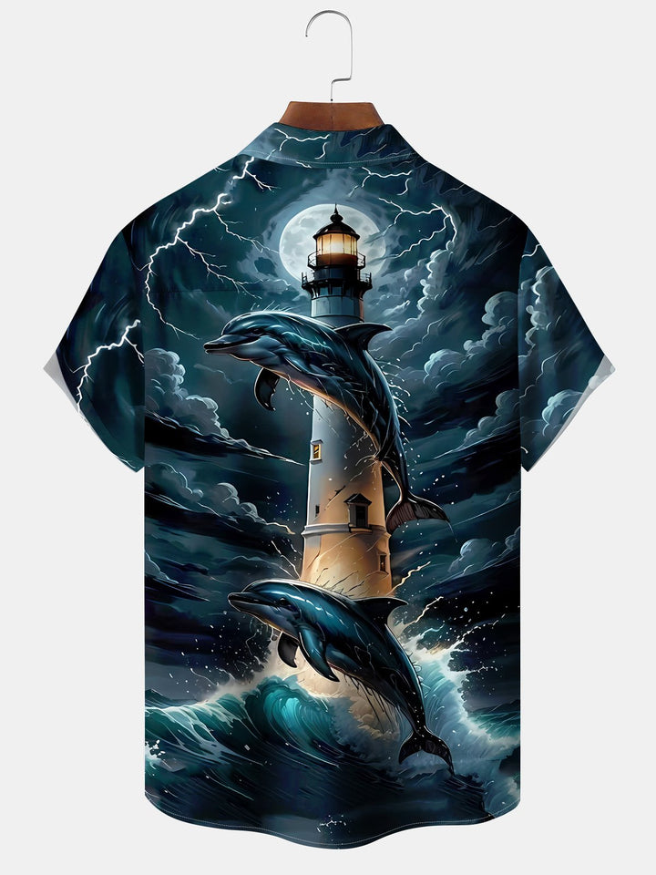 Alohadaddy® Retro Lighthouse Dolphin Wave Print Pocket Stretch Men&