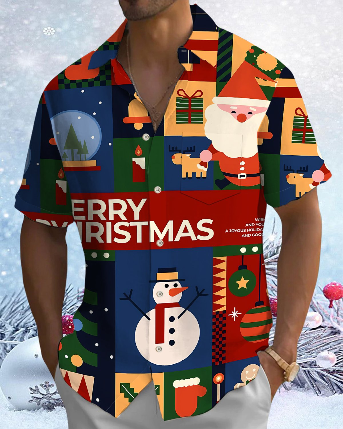 Alohadaddy® Christmas Geometric Vintage Santa Print Pocket Elastic Button Men's Short Sleeve Shirt Big & Tall