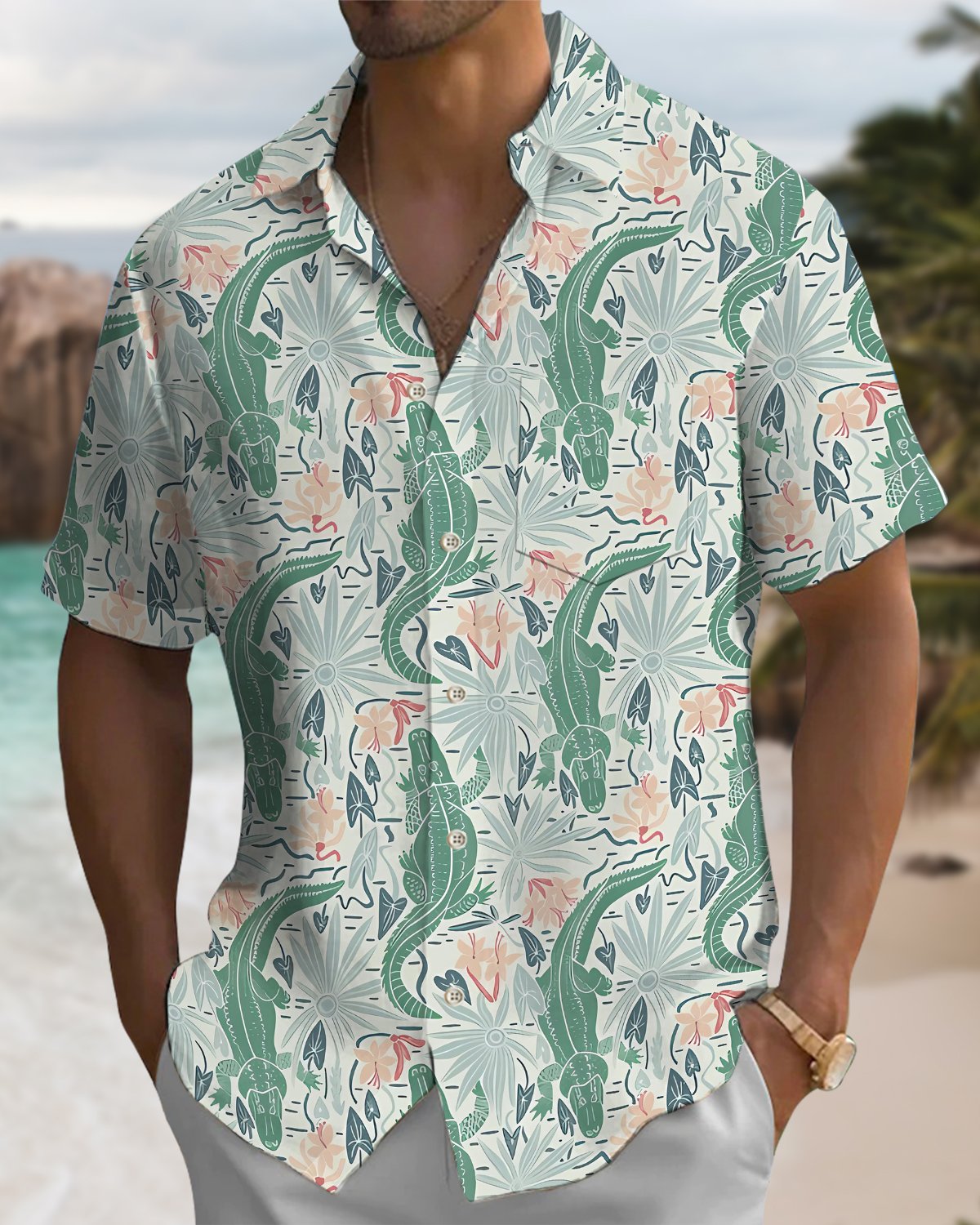 Alohadaddy® Hawaiian Alligator Print Pocket Elastic Button Closure Men's Long Sleeve Shirt Big & Tall