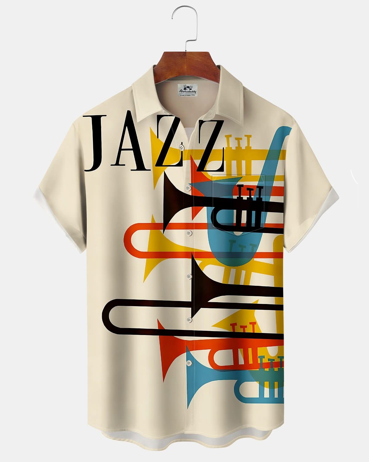 Alohadaddy® Retro Music Jazz Geometric Print Art Pocket Button Men's Short Sleeve Shirt Big & Tall
