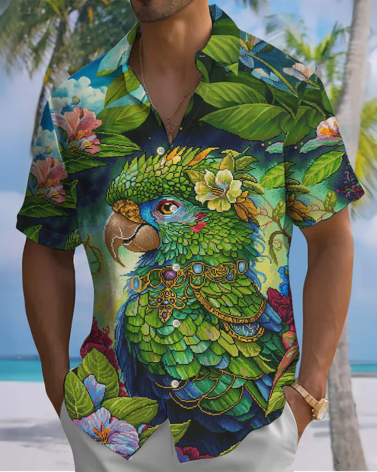 Alohadaddy® Hawaiian Parrot Vacation Print Art Pocket Button Elastic Men's Short Sleeve Shirt Big & Tall