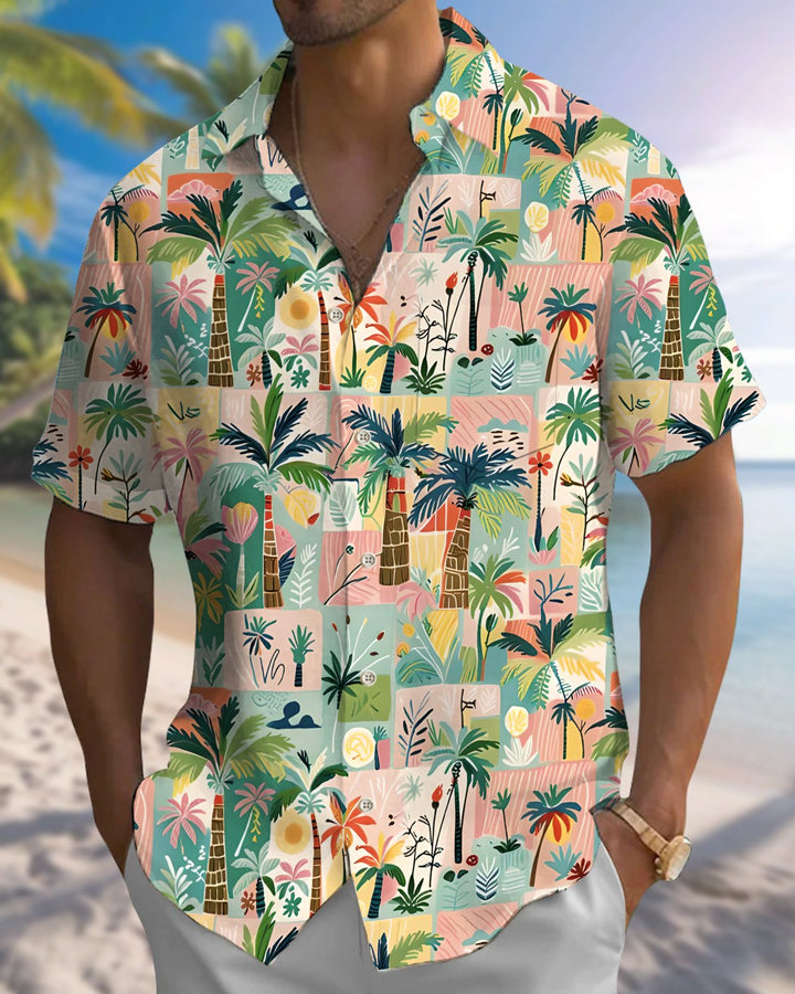 Alohadaddy® Hawaiian Palm Tree Print Art Button Pocket Cardigan Men&