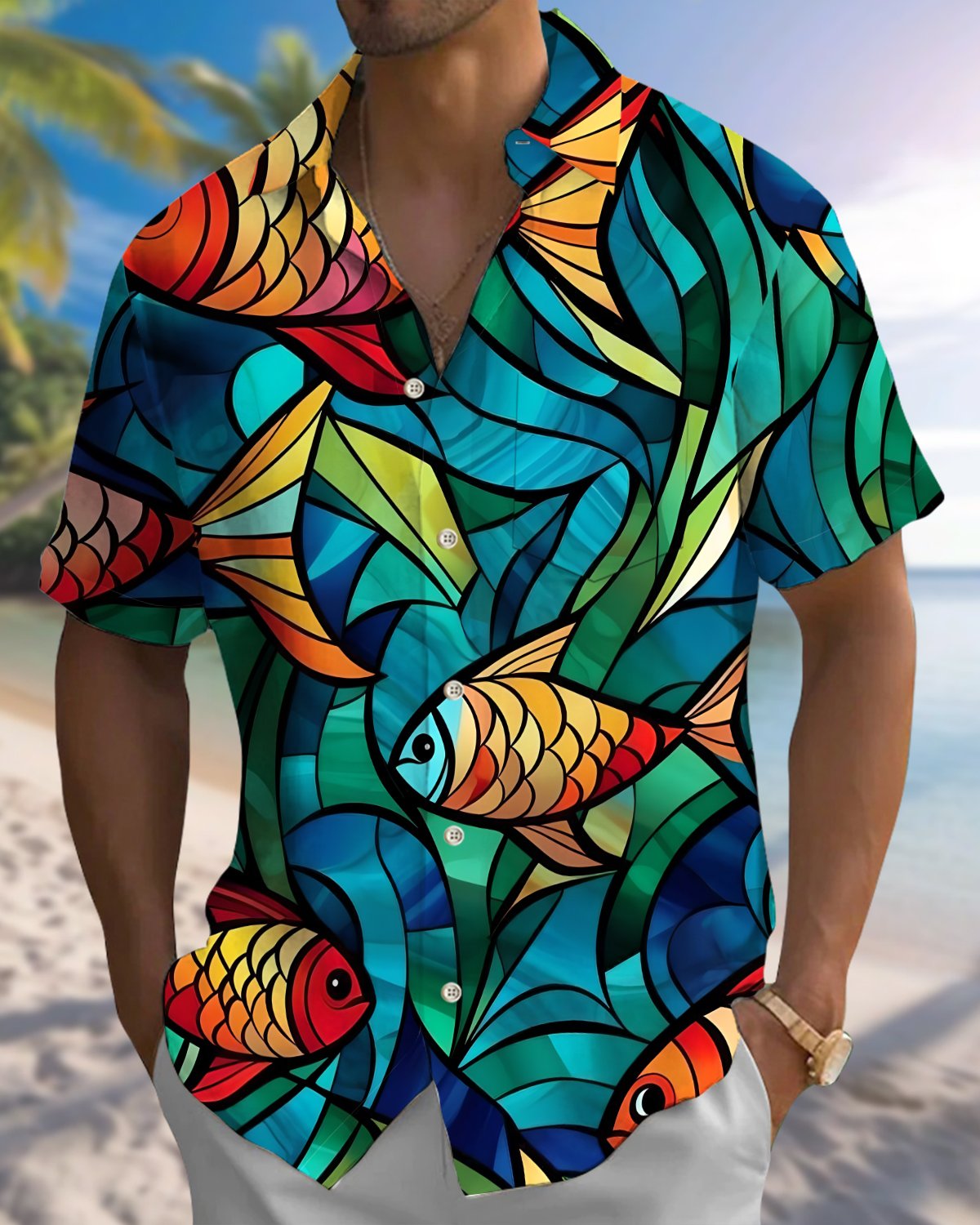 Alohadaddy® Men's Short-Sleeve Casual Button-Down Shirt with Fish Print Pocket and Cardigan-Style Front