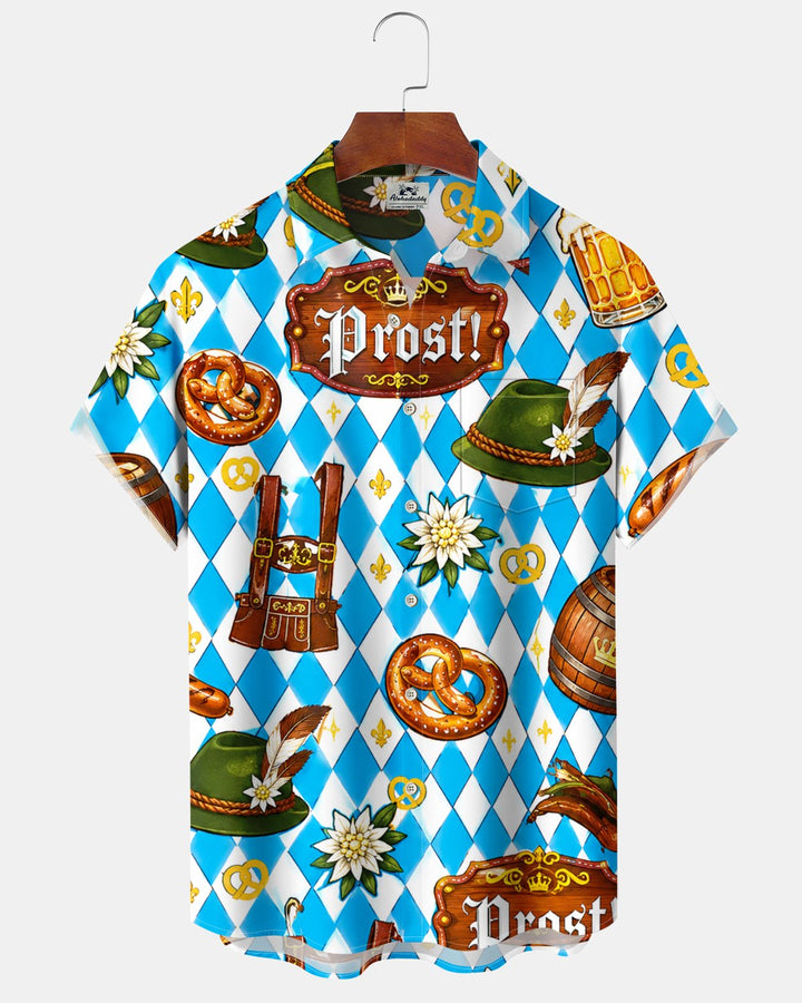Alohadaddy® Holiday Oktoberfest Print Button-Down Pocket Short-Sleeve Shirt for Men