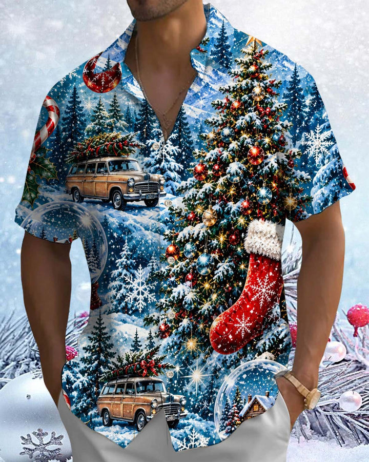 Alohadaddy® Holiday Christmas Tree Print Button-Front Short-Sleeve Cardigan Shirt with Pocket for Men