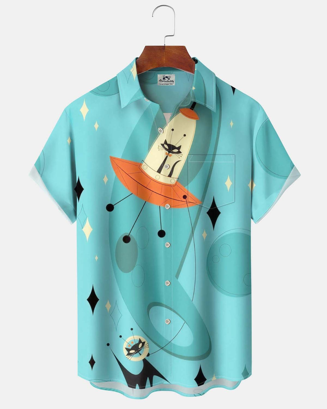 Alohadaddy® Men’s Short-Sleeve Button-Down Shirt  Vintage "Space Atomic Cat" Graphic Print with Pocket