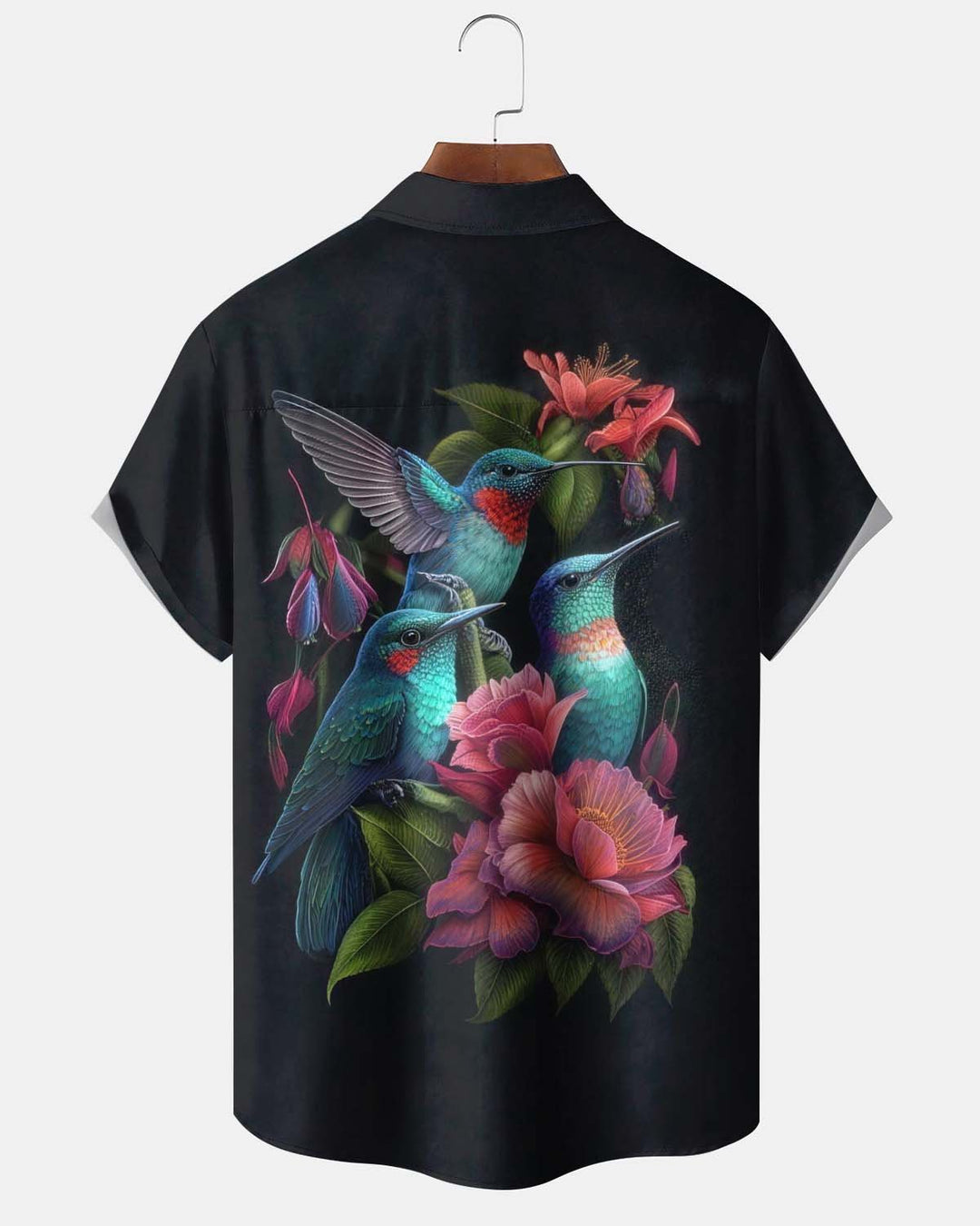 Alohadaddy® Men’s Short-Sleeve Button-Down Shirt Hawaiian-Style Hummingbird &amp; Floral Print with Pocket