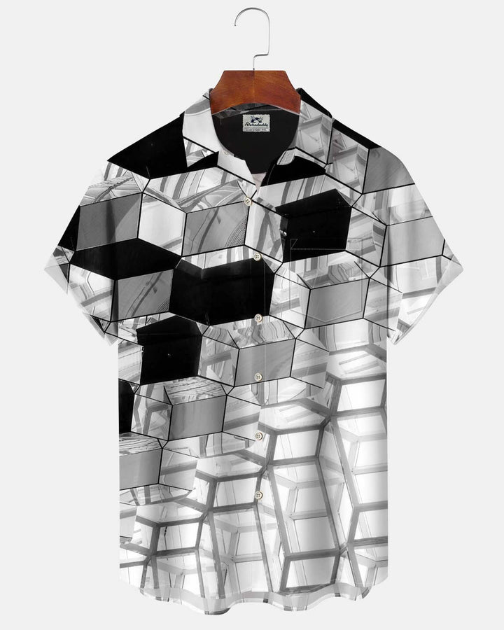 Alohadaddy® Men’s Short-Sleeve Button-Down Shirt Vintage Geometric Print with Pocket