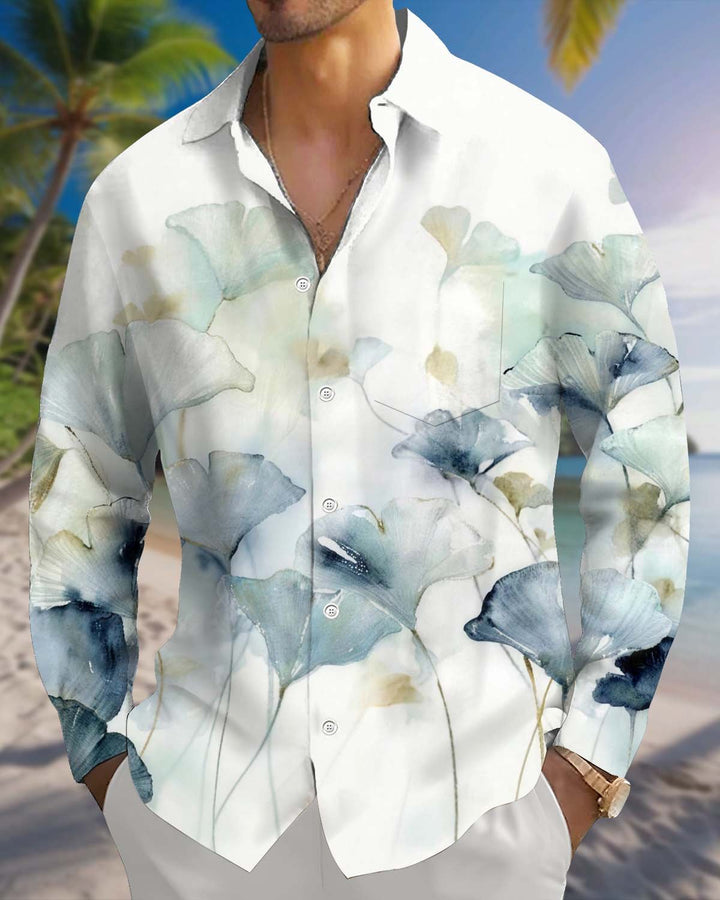 Alohadaddy® Men’s Long-Sleeve Button-Down Shirt with Pocket and Hawaiian-Style Leaf/Floral Print