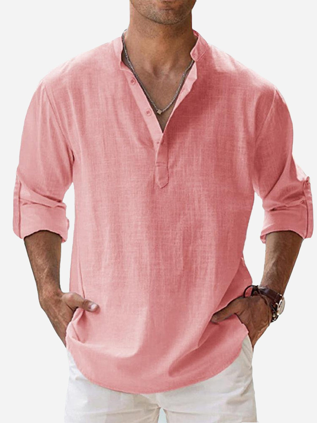 Camisas de manga larga con cuello de banda, de lino y algodón, básicas, informales, vintage, de Alohadaddy, cómodas y transpirables para campamento