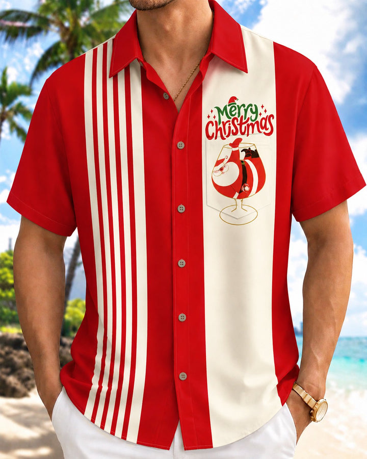 Alohadaddy® Casual Holiday Christmas Santa Claus Striped Bowling Print Men&
