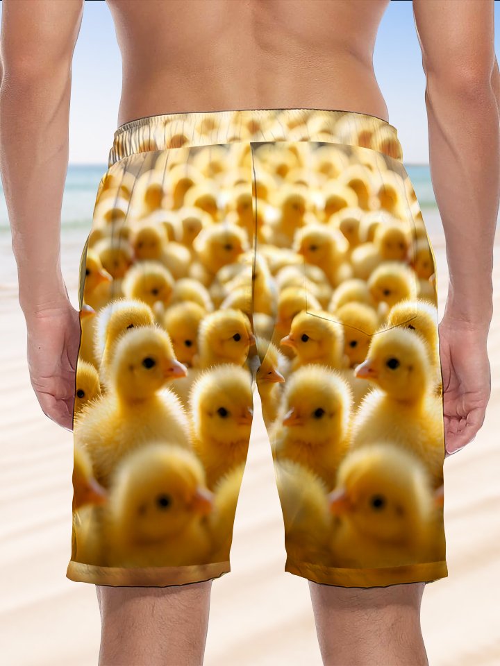 Alohadaddy Hawaiian Casual Yellow Chicken Print Art Elastic Large Size Beach Shorts