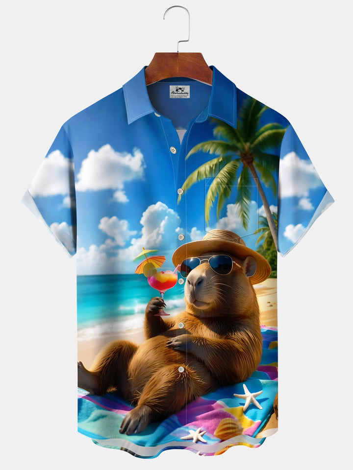 Alohadaddy Casual Hawaii Animals Beach Vacation Print Art Button Cardigan Pockets Stretch Large Size Polyester Short Sleeve Shirt