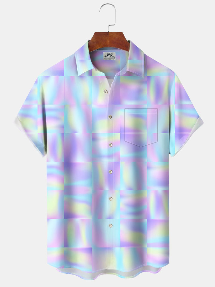 Alohadaddy Hawaiian Geometric Squares Print Art Buttons Cardigan Pockets Stretch Large Size Short Sleeve Shirt