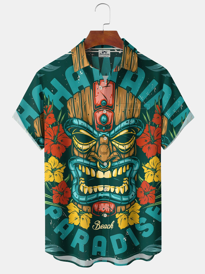 Alohadaddy Casual Hawaiian Mask Button Cardigan Pocket Stretch Long Oversized Short Sleeve Shirt