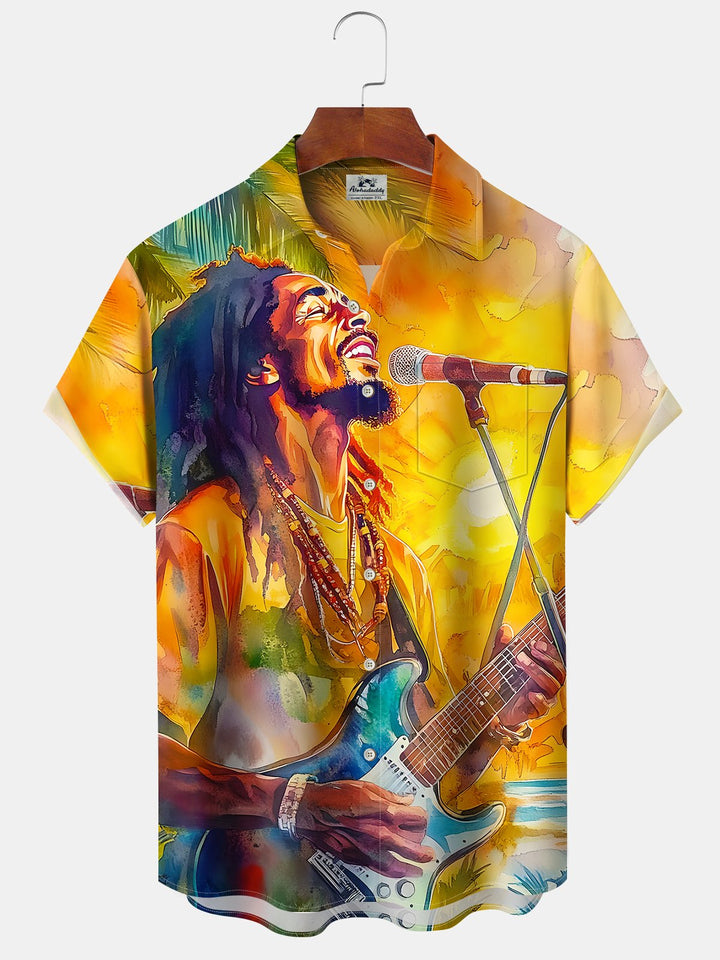 Alohadaddy Hawaiian Retro Oil Painting Concert Print Art Button Cardigan Pocket Elastic Long Large Size Short Sleeve Shirt