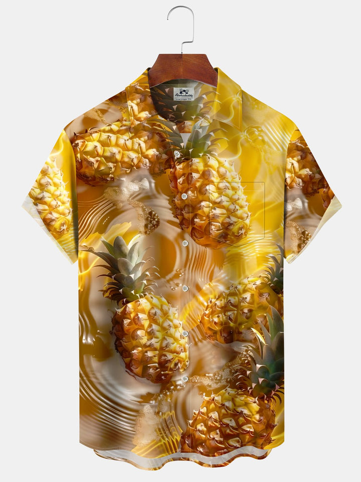 Alohadaddy Casual Collection Hawaiian Pineapple Cool Feeling Print Art Pocket Cardigan Button Polyester Stretch Short Sleeve Shirt