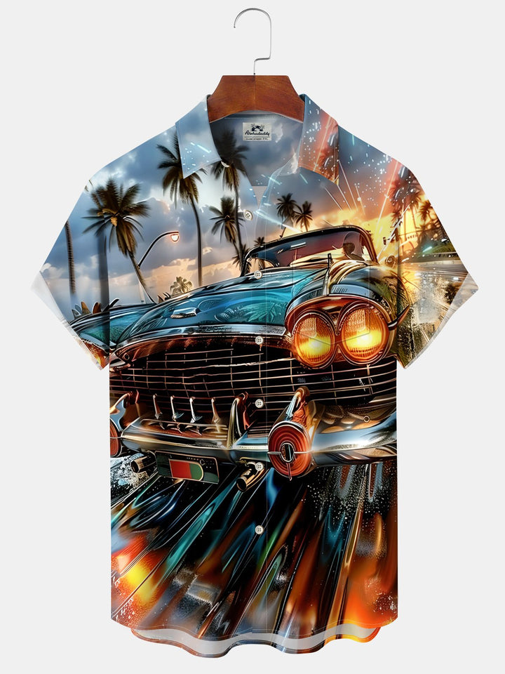 Alohadaddy Hawaii Daily Casual Car Print Art Button Pocket Cardigan Stretch Large Size Short Sleeve Shirt