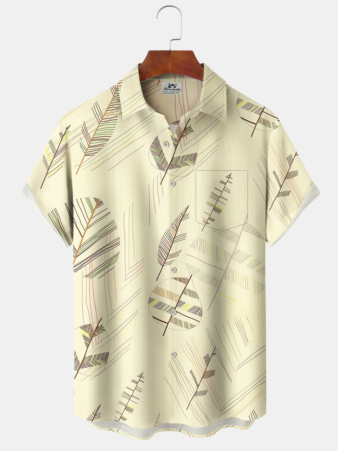 Alohadaddy Casual Collection Stripes Leaves Print Art Buttons Cardigan Pockets Fresh Stretch Polyester Short Sleeve Shirt