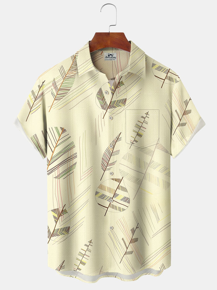 Alohadaddy Casual Collection Stripes Leaves Print Art Buttons Cardigan Pockets Fresh Stretch Polyester Short Sleeve Shirt