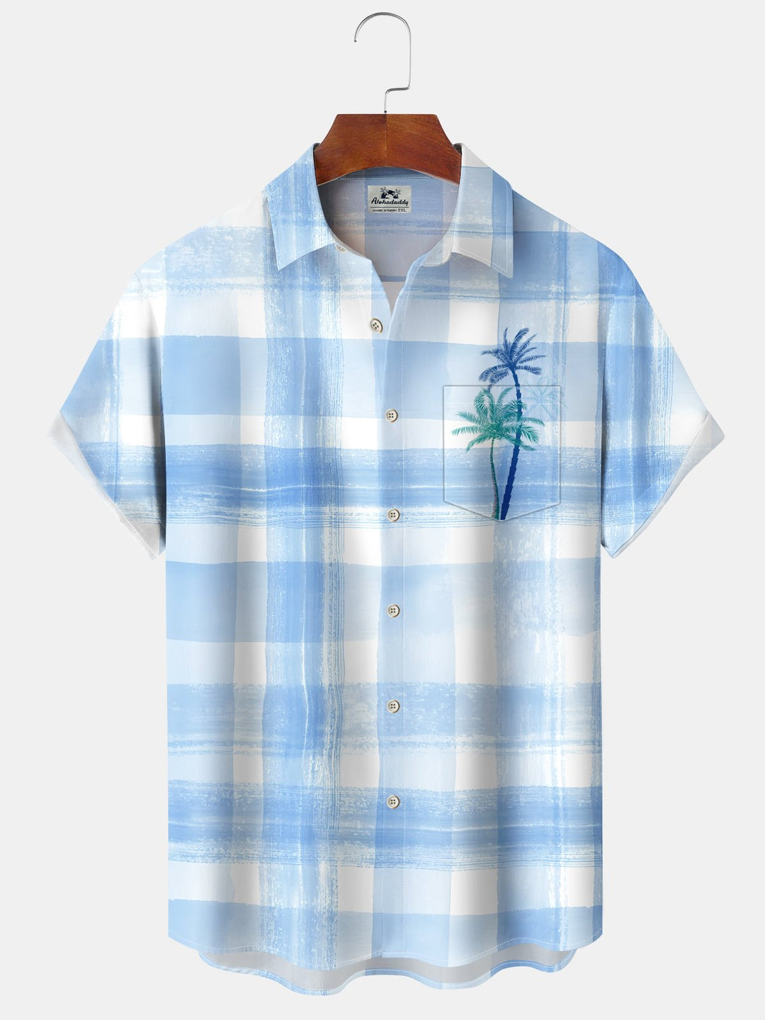 Alohadaddy Casual Everyday Plaid Palm Trees Print Art Stretch Oversized Button Cardigan Polyester Short Sleeve Shirt