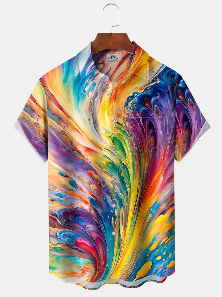 Alohadaddy Casual Daily Oil Painting Abstract Gradient Commuting Print Art Polyester Pocket Cardigan Stretch Long Large Size Short Sleeve Shirt