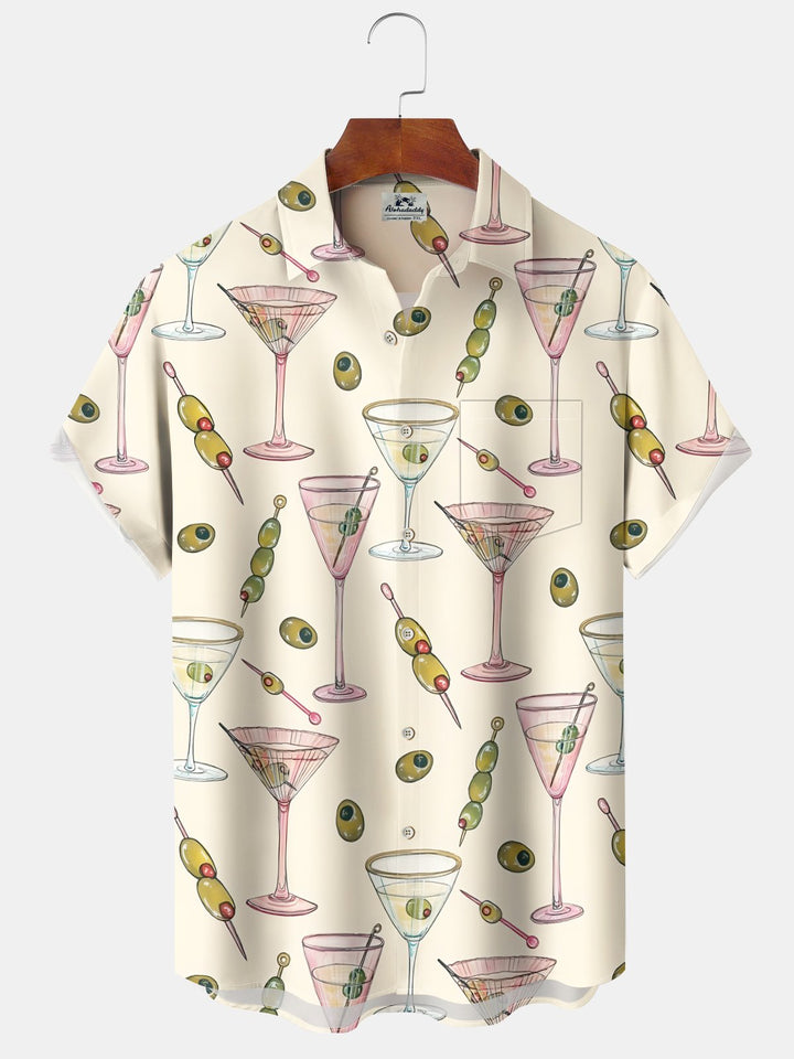 Alohadaddy® Wine Glass Fruit Art Print Chest Pocket Stretch Oversized Hawaiian Shirt