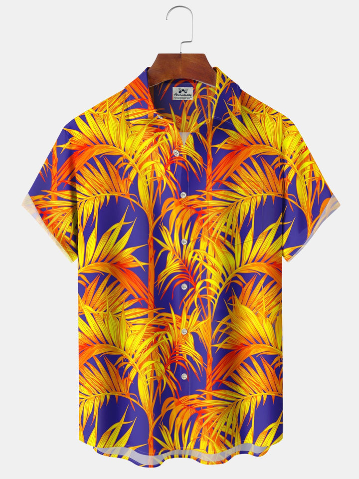 Alohadaddy® Casual Contrast Palm Leaves Ombre Art Print Chest Pocket Moisture Wicking Oversized Long Hawaiian Shirt