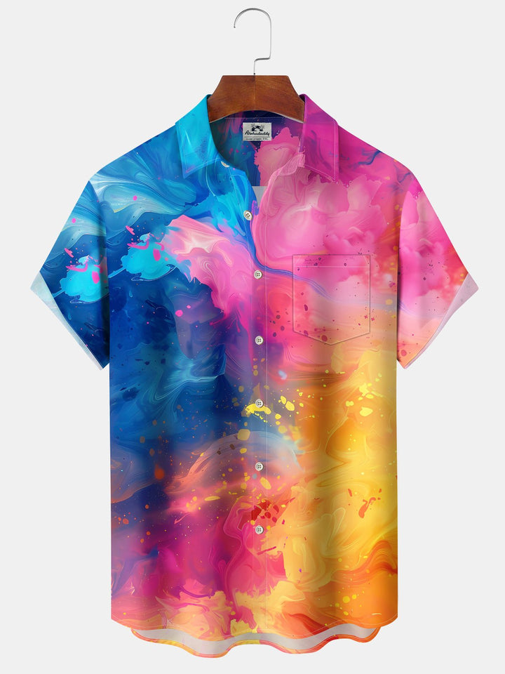 Alohadaddy® Vintage Gradient Abstract Art Print Chest Pocket Stretch Oversized Hawaiian Shirt