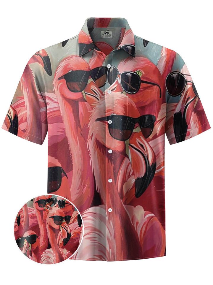Alohadaddy® Hawaiian Flamingo Print Stretch Large Size Chest Pocket Men&