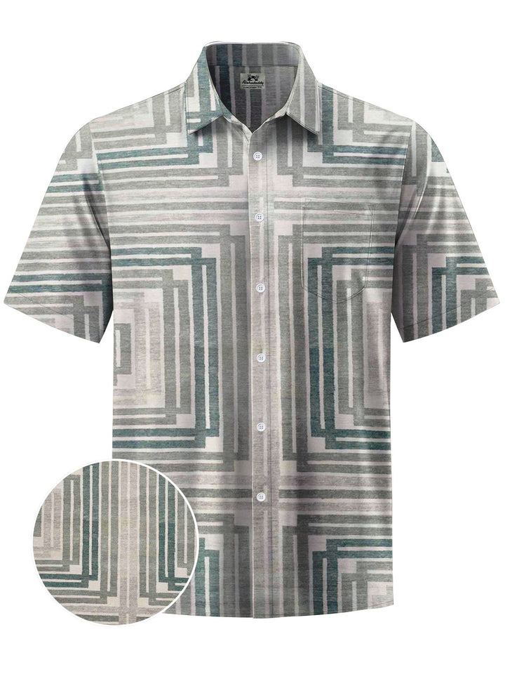 Alohadaddy® Vintage Stripe Geometric Art Print Chest Pocket Men Short Sleeve Shirt Big &amp; Tall
