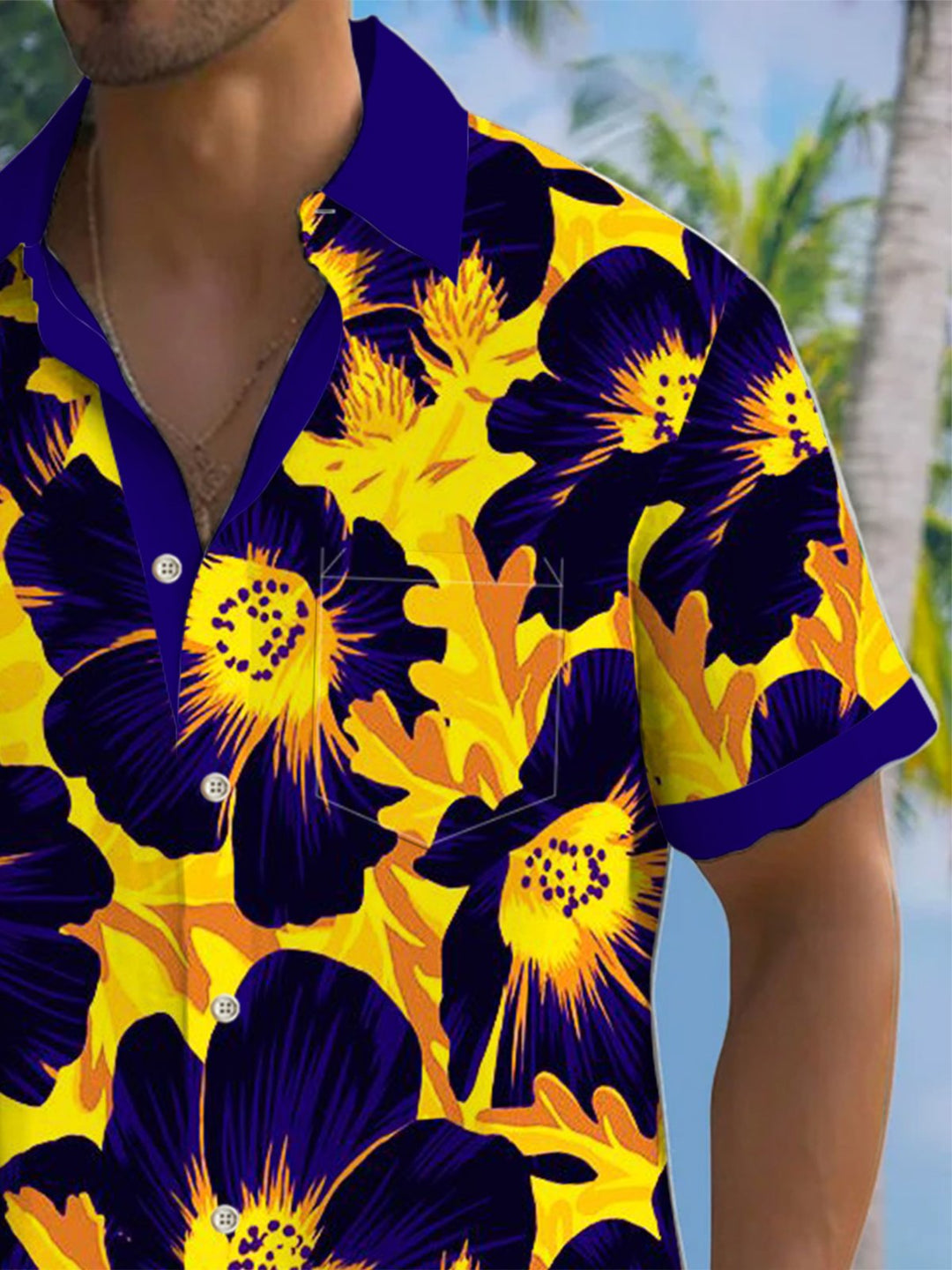 Alohadaddy® Casual Floral Contrast Color Print Art Chest Pocket Men&