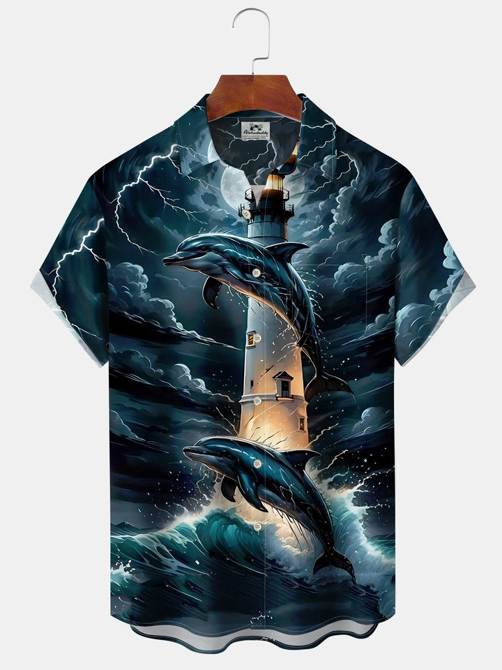 Alohadaddy® Retro Lighthouse Dolphin Wave Print Pocket Stretch Men&