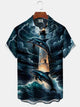 Alohadaddy® Retro Lighthouse Dolphin Wave Print Pocket Stretch Men's Short Sleeve Shirt Big & Tall