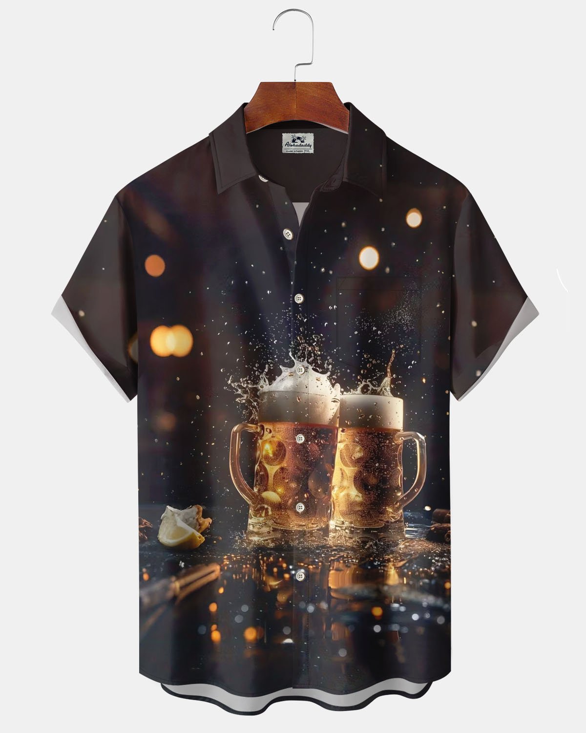 Alohadaddy® Retro Beer Print Art Pocket Stretch Men's Short Sleeve Shirt Big & Tall