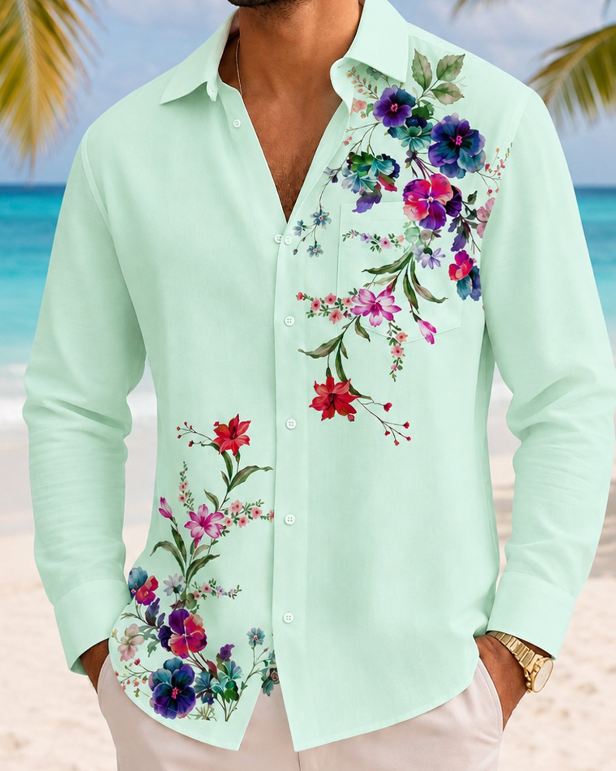 Alohadaddy® Men's Short-Sleeve Button-Down Shirt with Pocket Floral Print