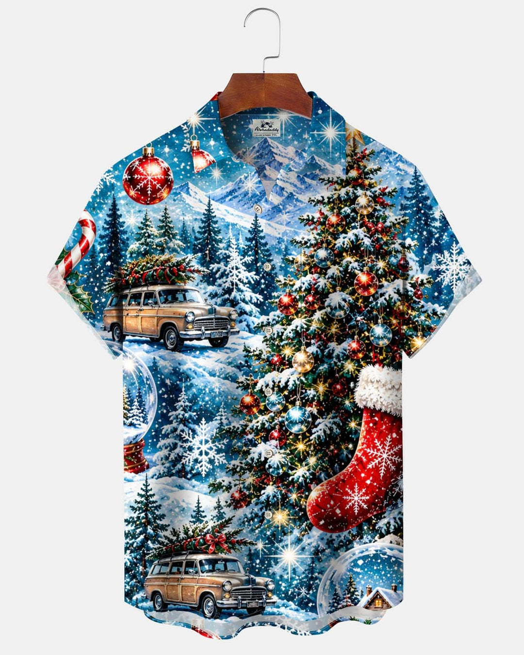 Alohadaddy® Holiday Christmas Tree Print Button-Front Short-Sleeve Cardigan Shirt with Pocket for Men