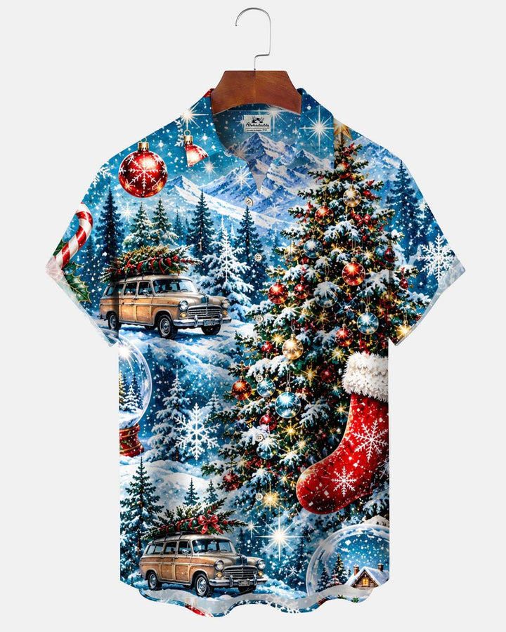 Alohadaddy® Holiday Christmas Tree Print Button-Front Short-Sleeve Cardigan Shirt with Pocket for Men