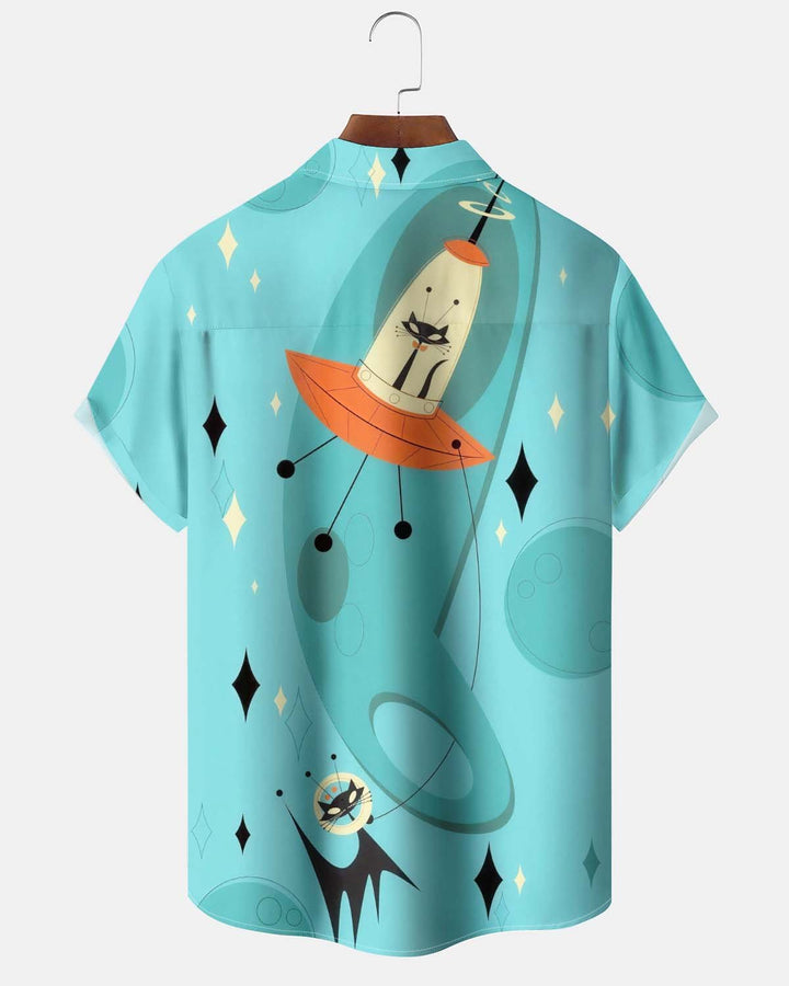 Alohadaddy® Men’s Short-Sleeve Button-Down Shirt  Vintage "Space Atomic Cat" Graphic Print with Pocket