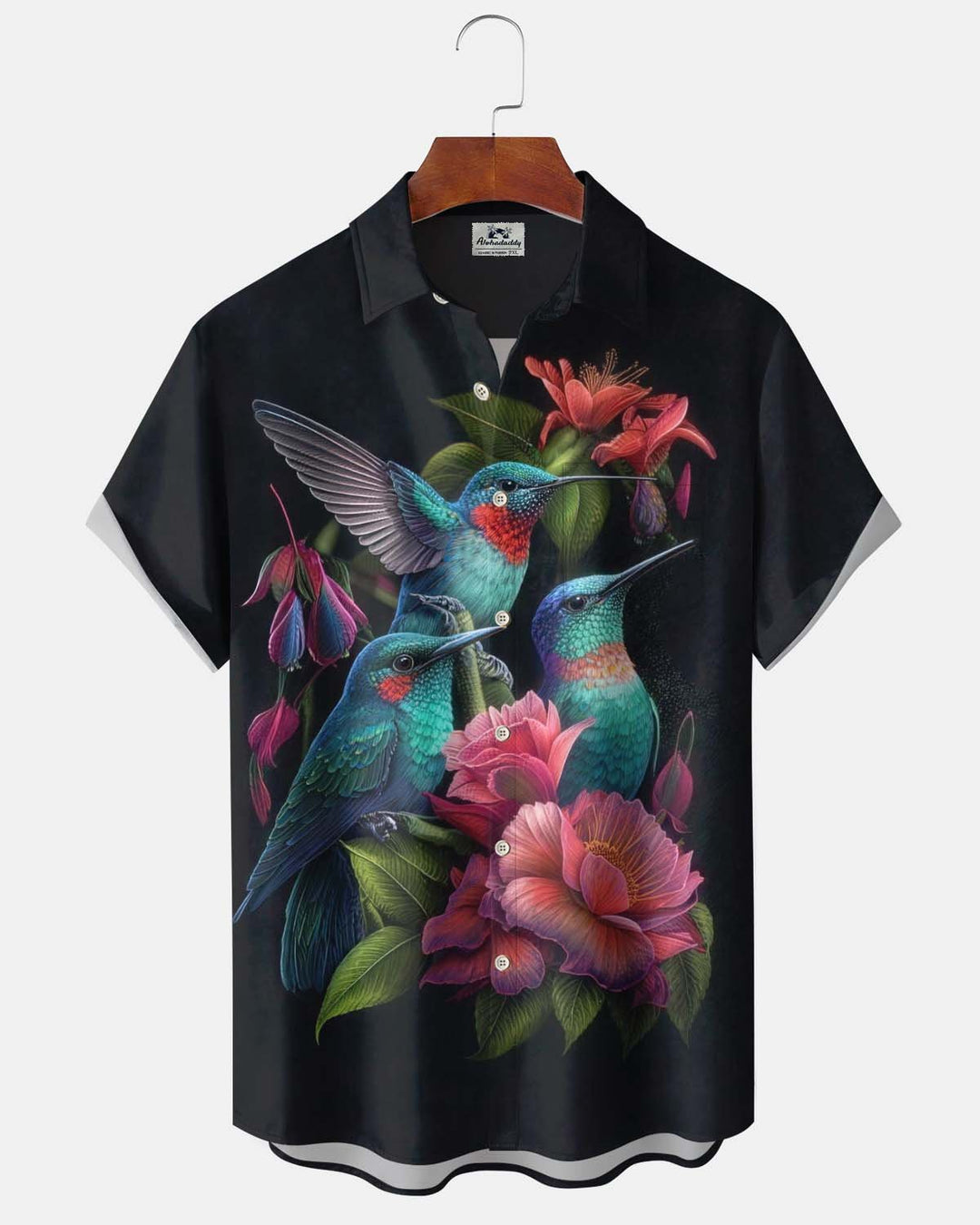 Alohadaddy® Men’s Short-Sleeve Button-Down Shirt Hawaiian-Style Hummingbird &amp; Floral Print with Pocket