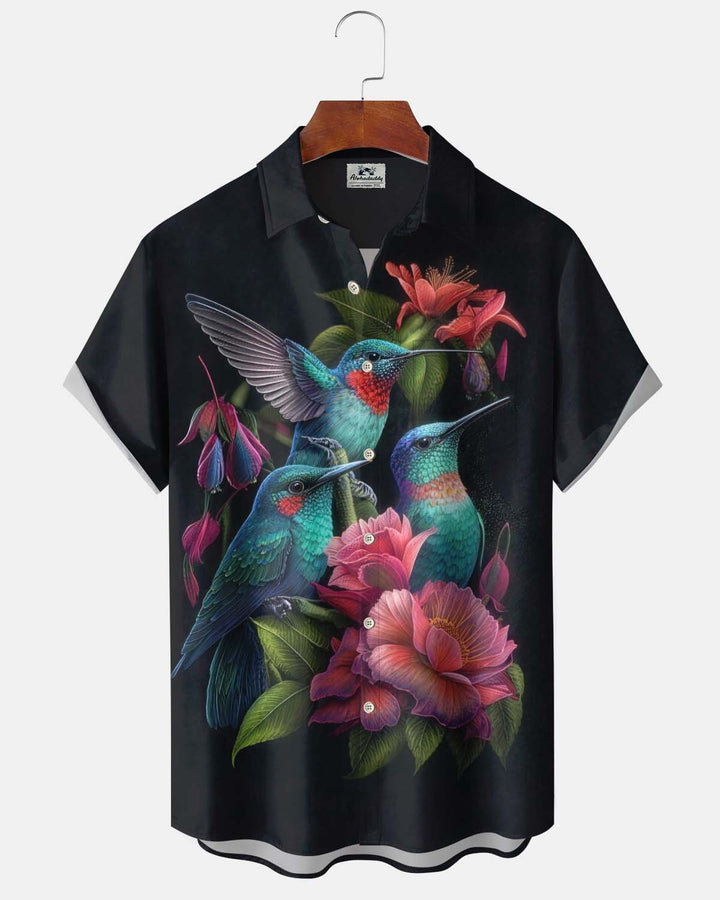 Alohadaddy® Men’s Short-Sleeve Button-Down Shirt Hawaiian-Style Hummingbird &amp; Floral Print with Pocket