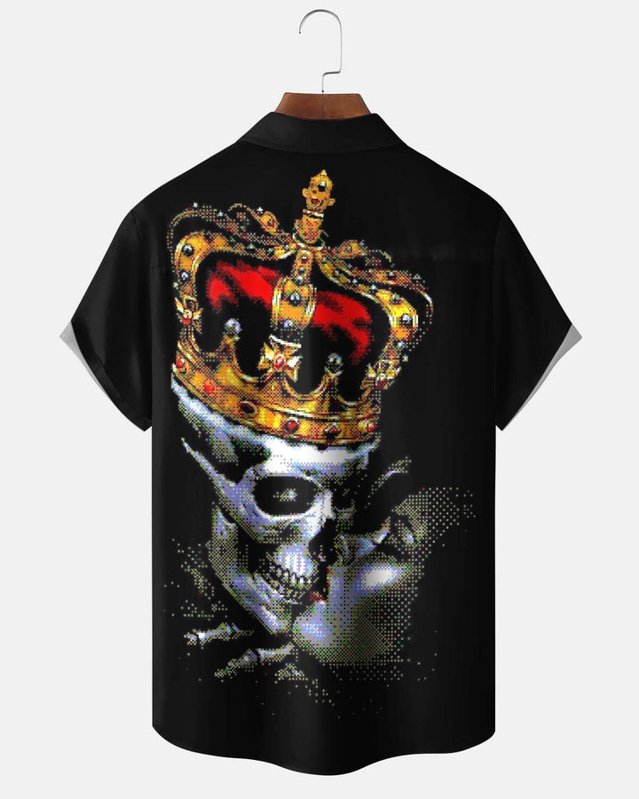 Alohadaddy® Men’s Short-Sleeve Button-Down Cardigan Shirt  Vintage Crown &amp; Skull Graphic Print with Pocket