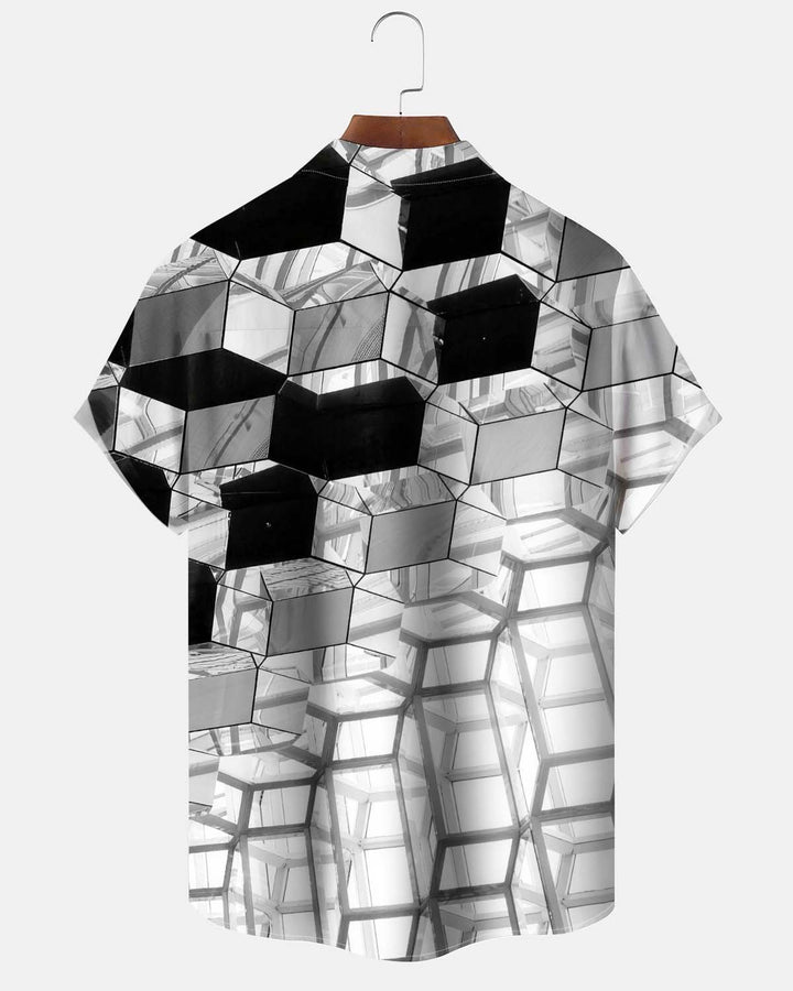 Alohadaddy® Men’s Short-Sleeve Button-Down Shirt Vintage Geometric Print with Pocket