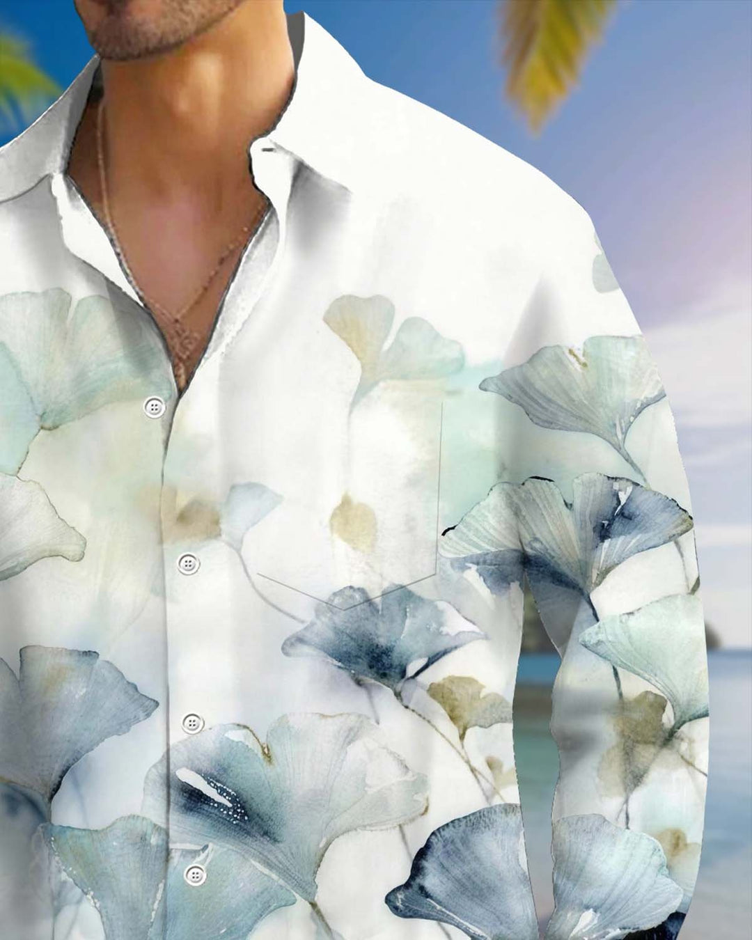 Alohadaddy® Men’s Long-Sleeve Button-Down Shirt with Pocket and Hawaiian-Style Leaf/Floral Print