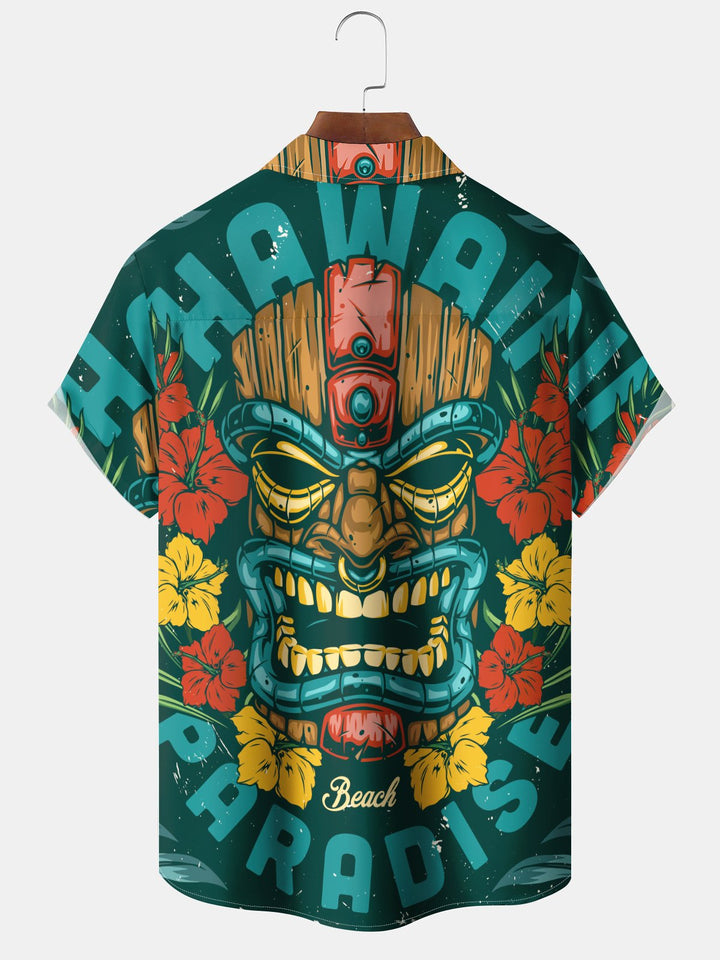 Alohadaddy Casual Hawaiian Mask Button Cardigan Pocket Stretch Long Oversized Short Sleeve Shirt