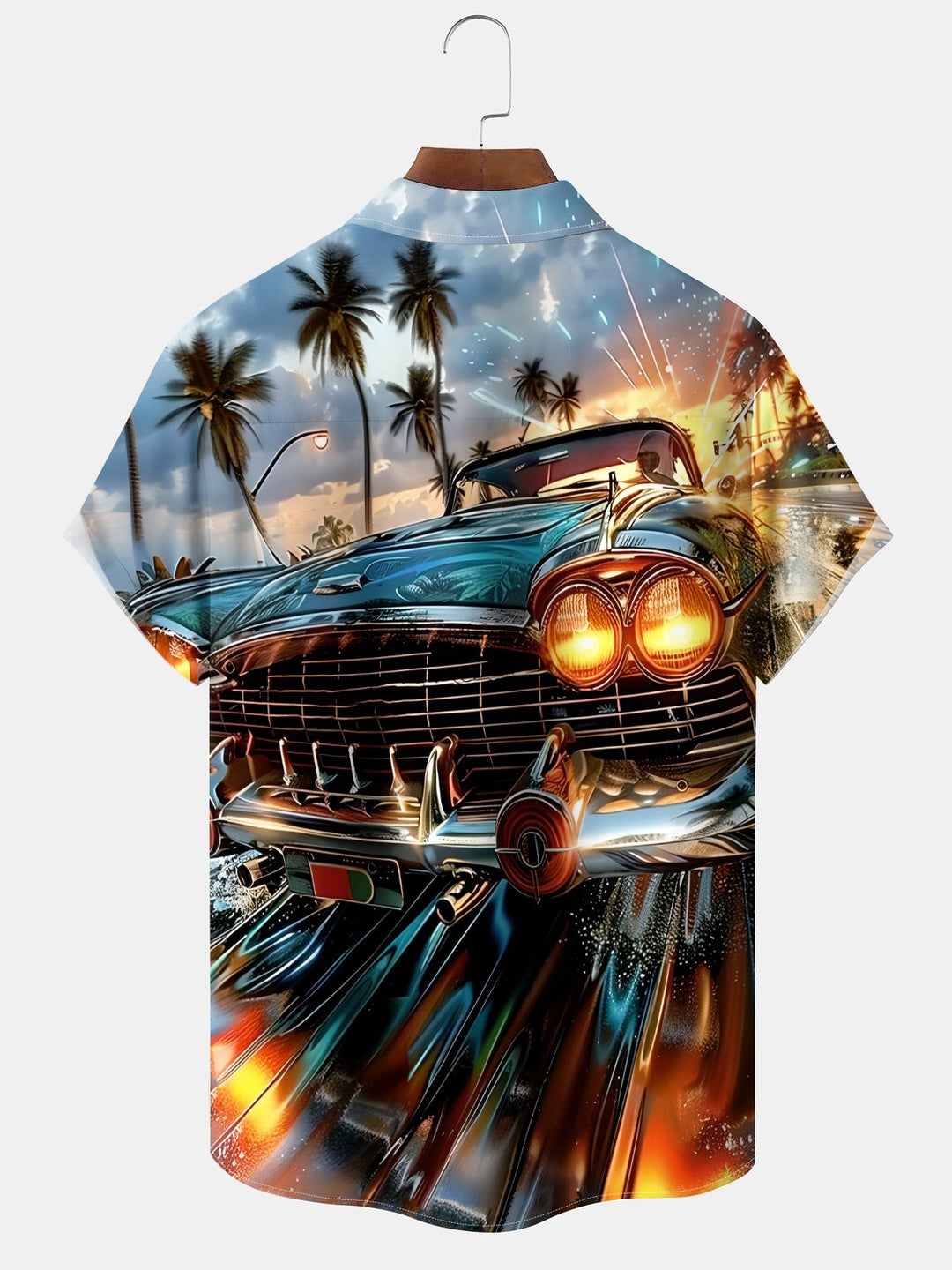 Alohadaddy Hawaii Daily Casual Car Print Art Button Pocket Cardigan Stretch Large Size Short Sleeve Shirt