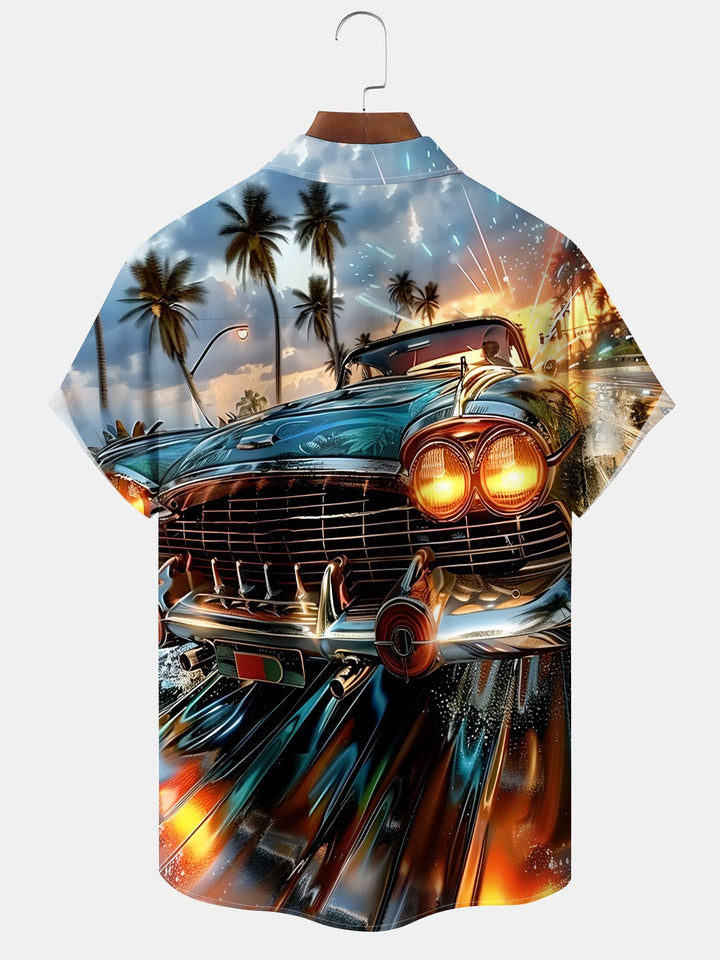 Alohadaddy Hawaii Daily Casual Car Print Art Button Pocket Cardigan Stretch Large Size Short Sleeve Shirt