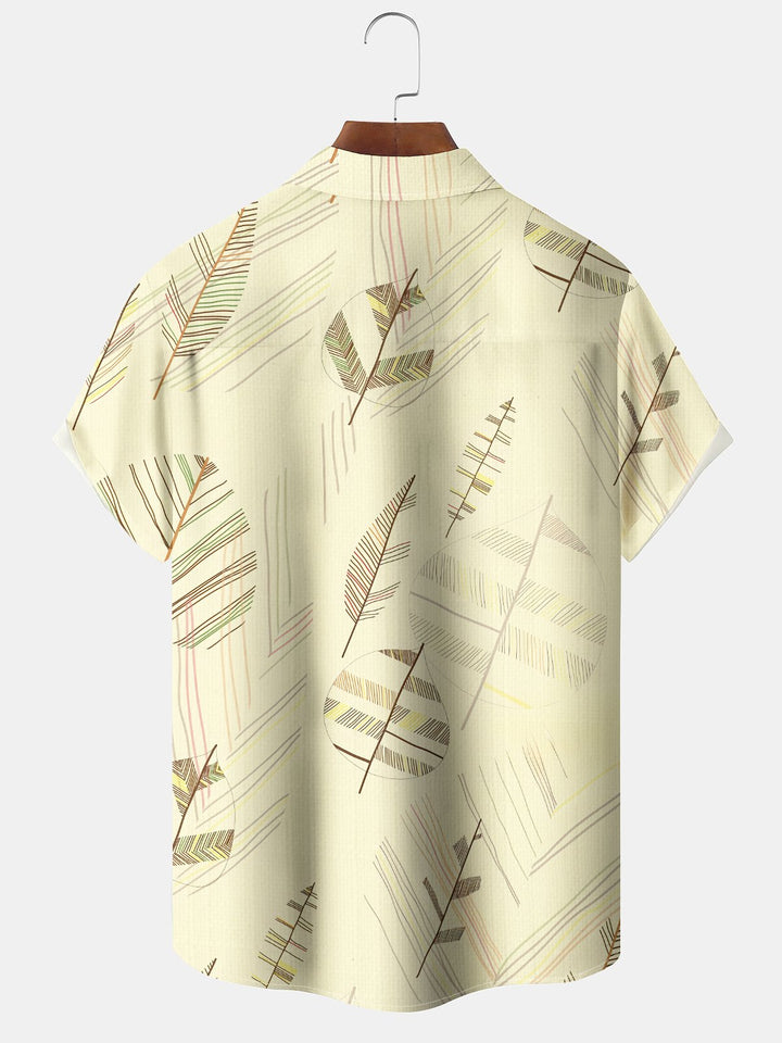 Alohadaddy Casual Collection Stripes Leaves Print Art Buttons Cardigan Pockets Fresh Stretch Polyester Short Sleeve Shirt