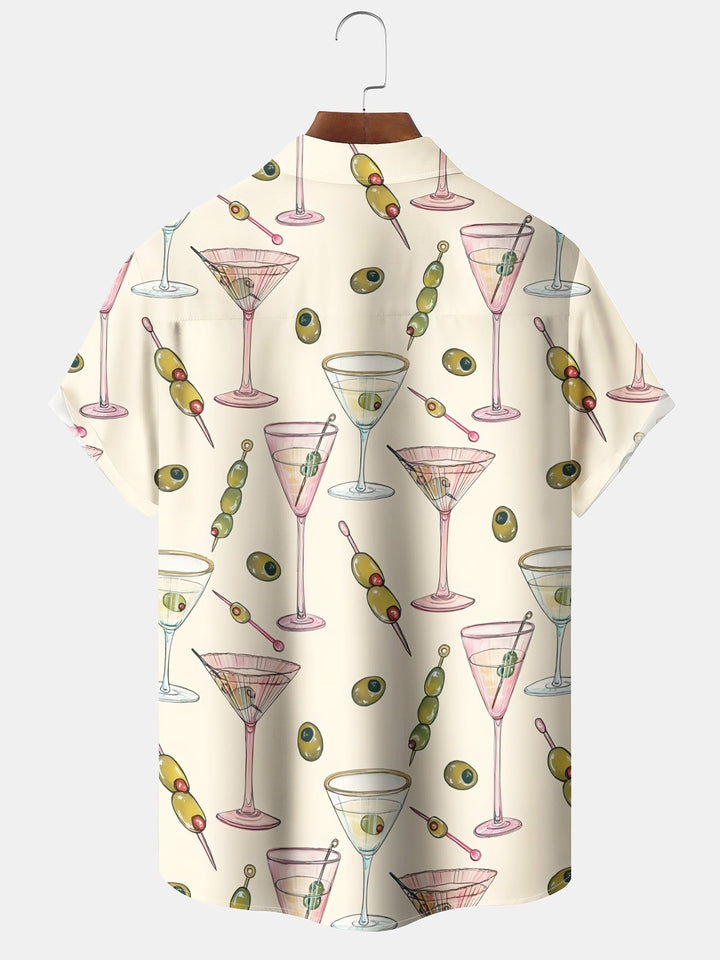 Alohadaddy® Wine Glass Fruit Art Print Chest Pocket Stretch Oversized Hawaiian Shirt