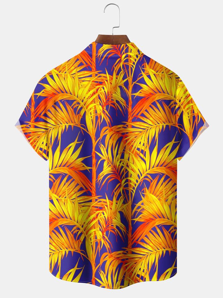 Alohadaddy® Casual Contrast Palm Leaves Ombre Art Print Chest Pocket Moisture Wicking Oversized Long Hawaiian Shirt